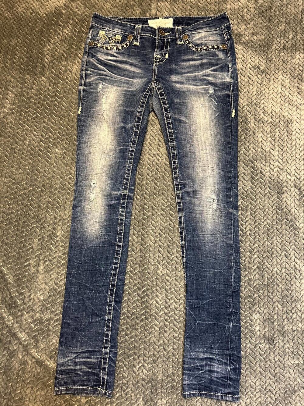 Big Star Jenae Skinny Jeans Womens 28 Blue Whisker Denim Distressed Rhinestone